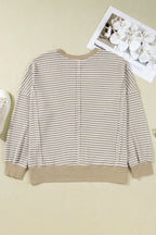 Brown Plus Size Stripe Ribbed Trim Drop Shoulder Long Sleeve Oversized Top