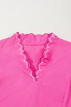 Bright Pink Contrast Scallop Trim Layered Short Sleeve V Neck Blouse