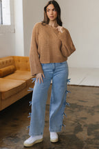 White Hollowed Detail Wide Sleeve Loose Pullover Sweater