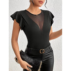Women’s Summer Ruffle Mesh Panel Top – Short Sleeve Slim Fit Casual Tee Blouse