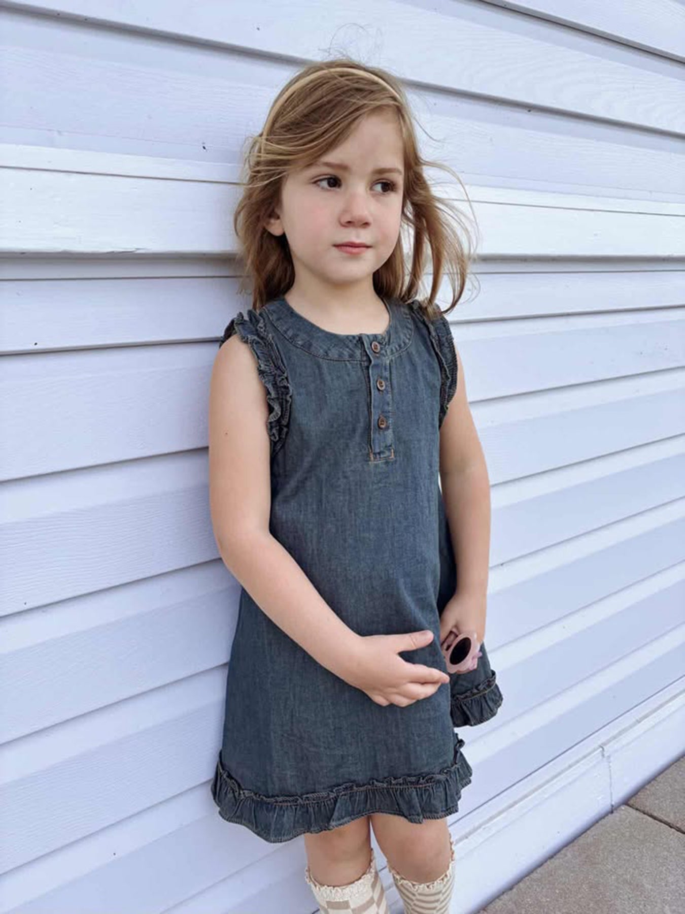 Vintage Denim Ruffle Girls Dress