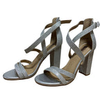 Idifu Womens Size 7.5 Silver Glitter 4" Heels Open Round Toe Ankle Strap Shoes