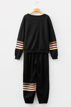 Black Striped Drop Shoulder Round Neck Pullover and Jogger Pants Active Outfit