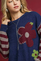 Umgee Flower Jacquard Striped Long Sleeve Sweater