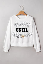 Navy Blue CLASSY UNTIL KICKOFF Plush Letter Patched Loose Sweatshirt