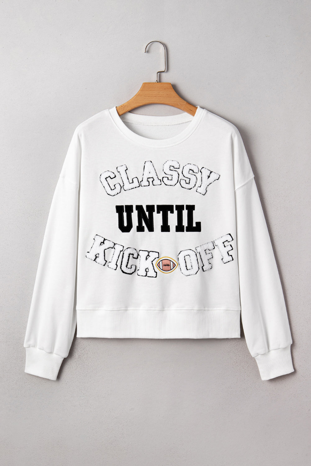 Navy Blue CLASSY UNTIL KICKOFF Plush Letter Patched Loose Sweatshirt
