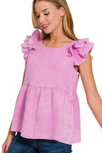 Zenana Double Gauze Acid Washed Tiered Ruffle Peplum Top