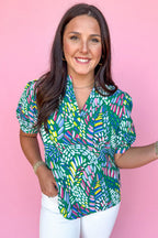 Green Geometric Print Puff Sleeve Notched Neck Blouse