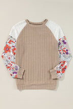 Parchment Floral Patchwork Long Sleeve Ribbed Blouse