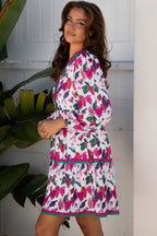 Purple Floral Print Contrast Striped Detail Long Sleeve Mini Dress