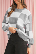Dark Brown Plaid Bishop Sleeve Pullover Sweater