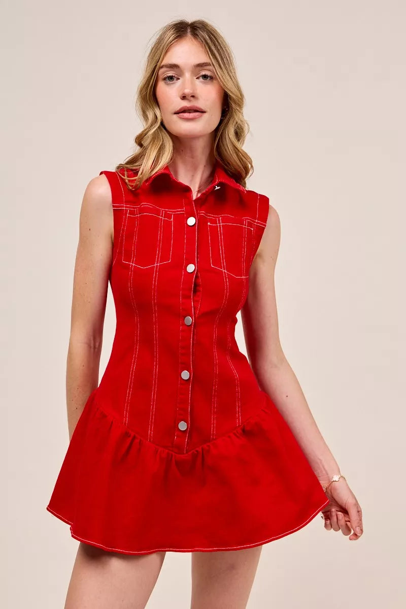 SO ME Button Down Sleeveless Collared Game Day Mini Dress