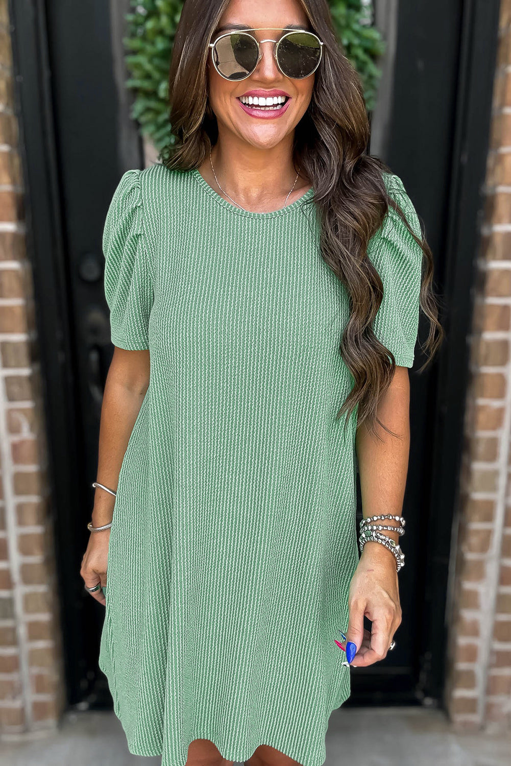 Bright Pink Corded Crew Neck Puff Sleeve Mini Dress