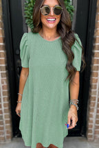 Bright Pink Corded Crew Neck Puff Sleeve Mini Dress