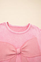 Orchid Bouquet Mineral Wash Waffle Bow Patched Pullover Sweatshirt