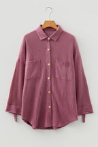 Fiery Red Pink Roll Tab Sleeve Ribbed Cording Shacket