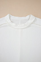 White Crinkle Rib Textured Knit Round Neck T Shirt