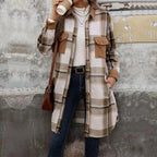 Brushed Plaid Long Coat with Pockets - Women's Winter Jacket