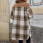 Brushed Plaid Long Coat with Pockets - Women's Winter Jacket