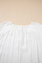 White Floral Embroidered Drawstring V Neck Blouse