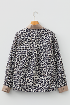 Multicolour Leopard Print Contrast Patchwork Cuffs Button Collared Top