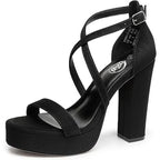 Trary Women Size 7.5 Black Faux Suede 4.5" Block Heel Open Toe Ankle Strap Shoes