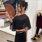 Solid-color Spaghetti-strap Midriff-baring Mesh Off-the-shoulder Outer Layer