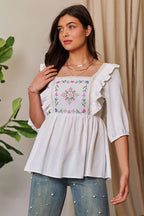 Davi & Dani Texture Tie Back Floral Embroidery Frill Blouse