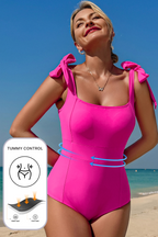 Dearlovers Rose Red Square Neck Knotted Shoulder Open Back One Piece Swimsuit