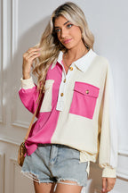Gray Colorblock Patchwork Ribbed Oversized Henley Sweatshirt