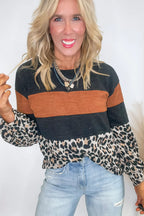 Black Color Block Leopard Patchwork Long Sleeve Casual Top