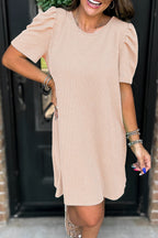 Bright Pink Corded Crew Neck Puff Sleeve Mini Dress