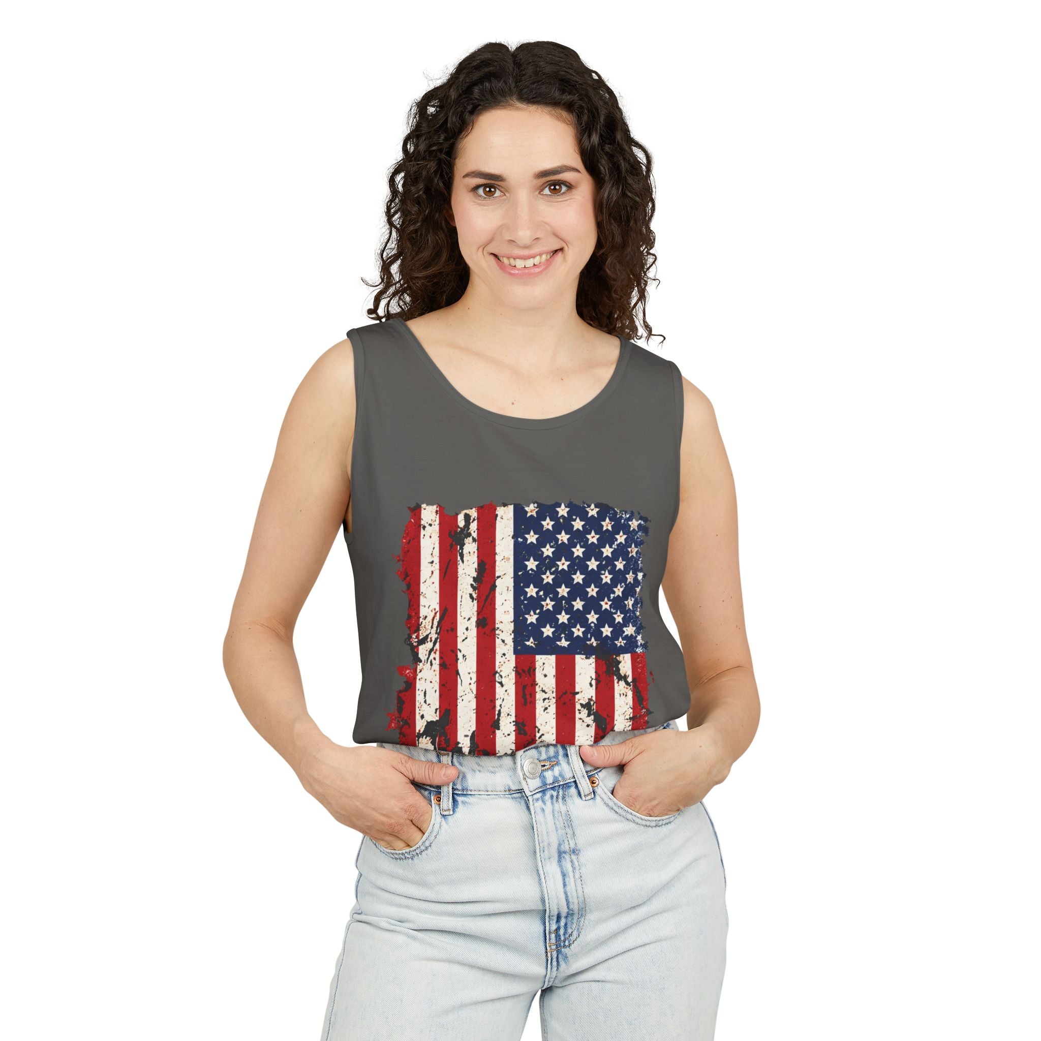 Distressed American Flag Tank Top  Patriotic USA Sleeveless Shirt for 4th of July Summer and Everyday Wear