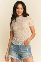 Davi & Dani Floral Mesh Mock Neck Short Sleeve Top