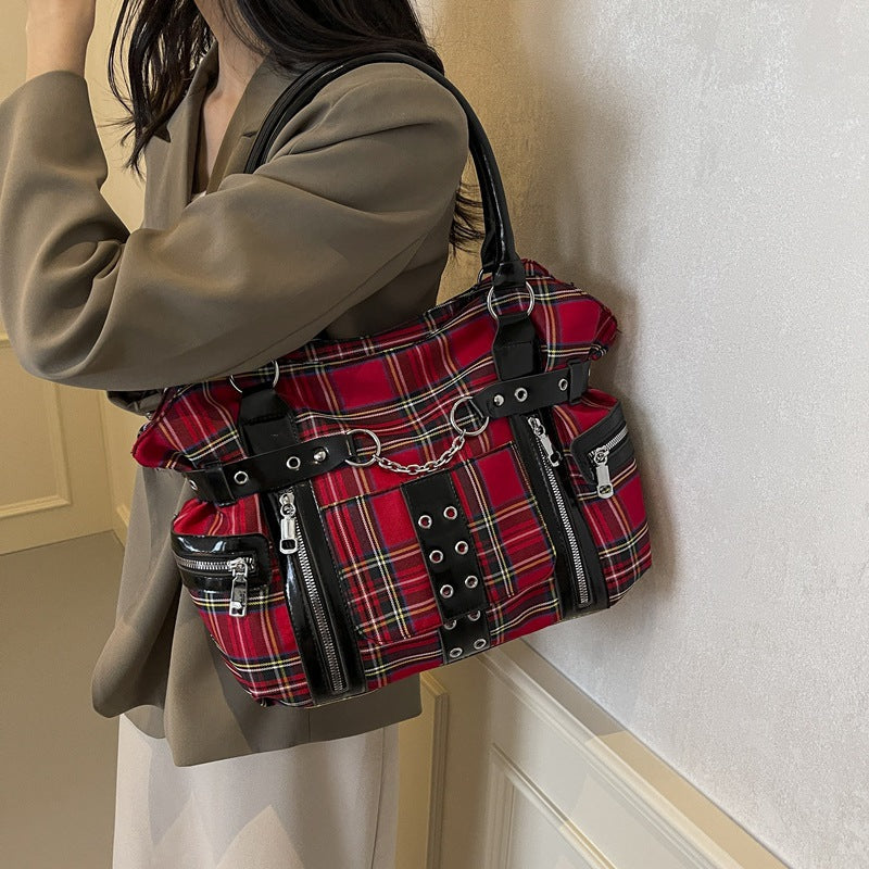 Plaid Crossbody Bag with Rivet Details