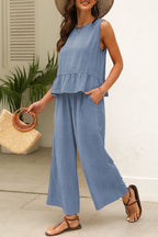 Duffel Green Solid Color Ribbed Ruffle Tank Top and Pants Set