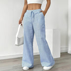 Women's Striped Print Straight Wide Leg Pockets Pants Casual Long Pants