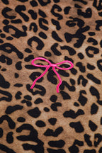 Coffee Allover Leopard Print Contrast Trim Long Sleeve Top and Pants Set
