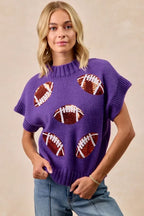 BiBi Gameday Sequin Football Patches Rib Banded Sweater