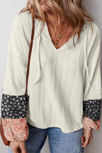 Dusty Pink Floral Patchwork Textured Knit Drawstring V Neck Blouse