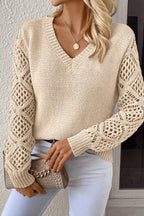 Black Solid V Neck Pointelle Knit Sleeve Patchwork Sweater