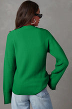 Parchment Solid Textured Knit Split Cuff Drop Shoulder Loose Sweater
