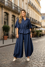 Women's Plus Size Belted Shirt & Wide-Leg Pants Two-Piece Set