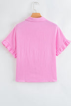 Bonbon Mineral Wash Textured Ruffle Trim Short Sleeve Shirt