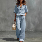 V-Neck Short-Sleeve Shirt & Pants Set – Cotton-Linen Two-Piece