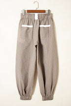 Brown Stripe Drawstring Cargo Jogger Pants with Pockets