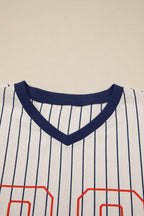 Blue Stripe 88 LOS ANGEL Graphic Lace Patchwork Faux Two Piece V Neck Top