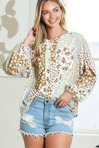 Multicolor Floral Patchwork Lantern Sleeve Cropped Shirt