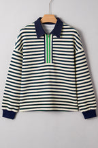 Dark Green Striped Print Contrast Collar Zip V Neck Long Sleeve Top