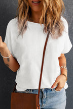 Mist Green Waffle Knit Boat Neck Short Sleeve Top